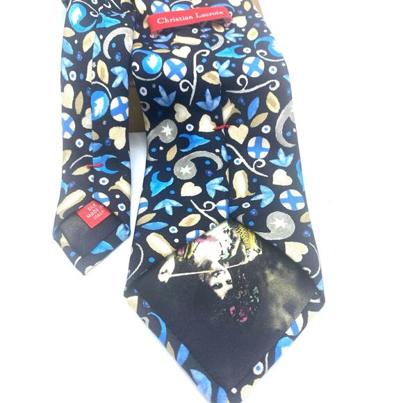 Christian Lacroix 100% silk Tie  Navy Blue Tan, light blue flowers abstract lady - Picture 3 of 8